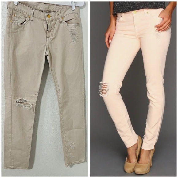 7 For All Mankind Denim - 7 For All Mankind “The Slim Cigarette” Destroyed Women’s Jeans Size 27 Beige EUC